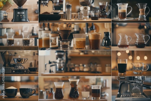 A montage of different coffee brewing methods, including espresso machines, pour-over devices, AeroPress, and Turkish ibriks, showing the diversity of coffee culture around the world. photo