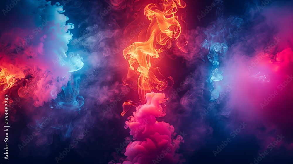 Dense multicolored smoke of red, purple and pink colors on a black isolated background. Background of smoke vape