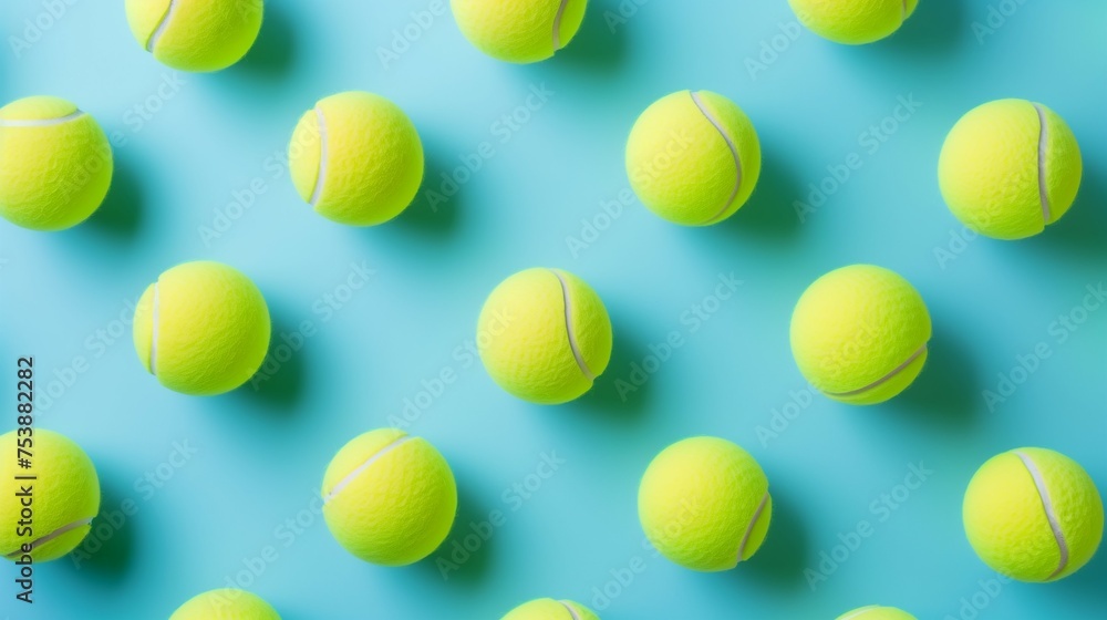 Pattern of yellow tennis balls on a aqua blue background. Minimal creative sport concept.	