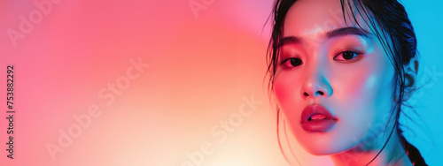 professional studio shot of beautiful young asian korean woman with vibrant retro neon pink orange color pop background for sci-fi cyberpunk y2k 90s beauty make up magazine editorial