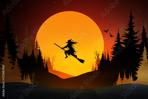 A silhouette of a witch flying over a forest