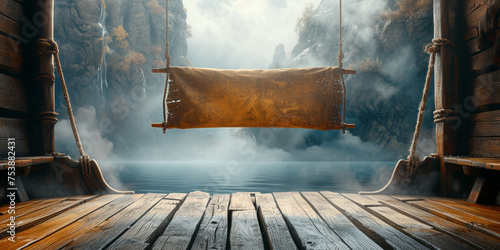 Empty hanging wooden board in a pirat ship with mystical fog.