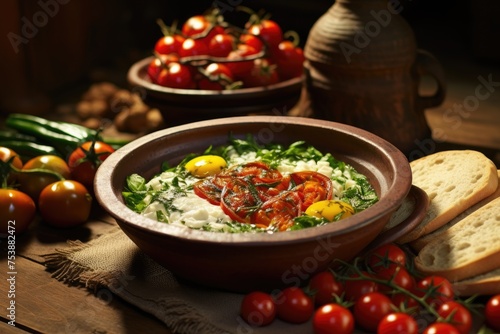 Rustic Breakfast: Fresh Eggs with cheese and Tomatoes with Bread on Wooden Table