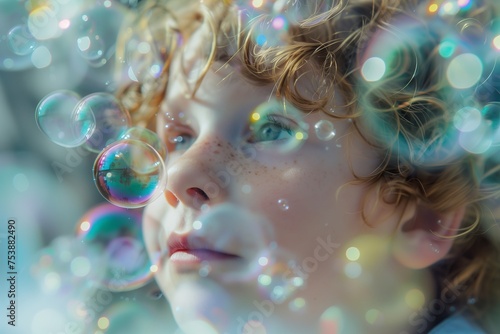 close-up portrait of a red-haired boy in soap bubbles
