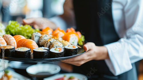 Chinese Cuisine, Sushi, with copy space , Waiter serving in motion on duty in restaurant. The waiter carries dishes