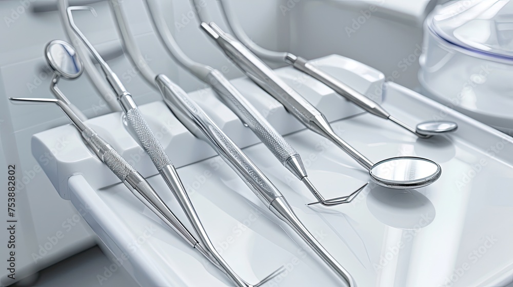 Close up of dental tools on white surface Close up of dental tools on white surface