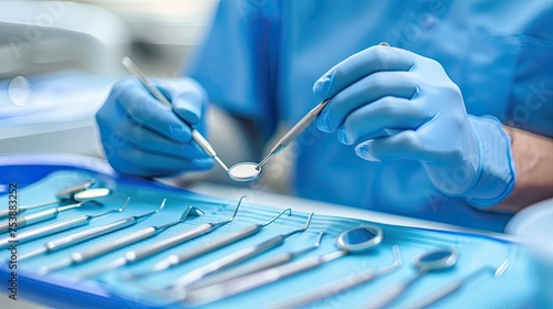 The image depicts an array of surgical tools neatly arranged on a sterile table, with a practitioner donning blue gloves