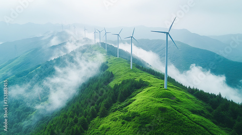 Imagens de energia eólica em pleno funcionamento, destacando sua importância para o mundo. Uso: energia renovável, sustentabilidade, consciência ambiental, tecnologia limpa. photo