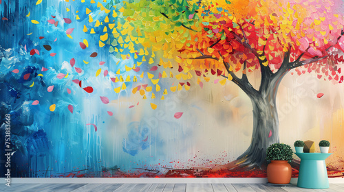 Colourful tree with leaves on hanging branches photo