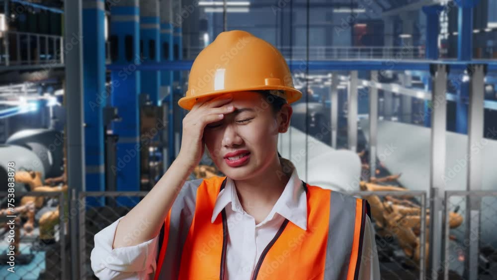 Close Up Of Asian Female Engineer With Safety Helmet Having A Headache While Standing In Factory Manufacture Of Wind Turbines Close Up Of Asian Female Engineer With Safety Helmet Having A Headache While Standing In Factory Manufacture Of Wind Turbines