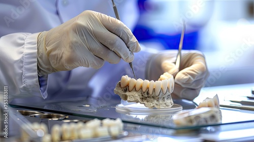 Scientist examining dental prosthesis under light