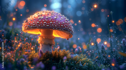 Magical mushroom in fantasy enchanted fairy tale forest. Neural network generated in January 2024. Not based on any actual scene or pattern.