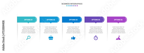Timeline infographic with infochart. Modern presentation template with 5 spets for business process. Website template on white background for concept modern design. Horizontal layout.