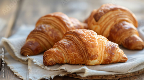 Freshly baked croissants on a linen cloth, their golden crusts flaky and buttery, arranged on a rustic wooden table, illuminated by morning light, capturing the essence of a Parisian breakfast