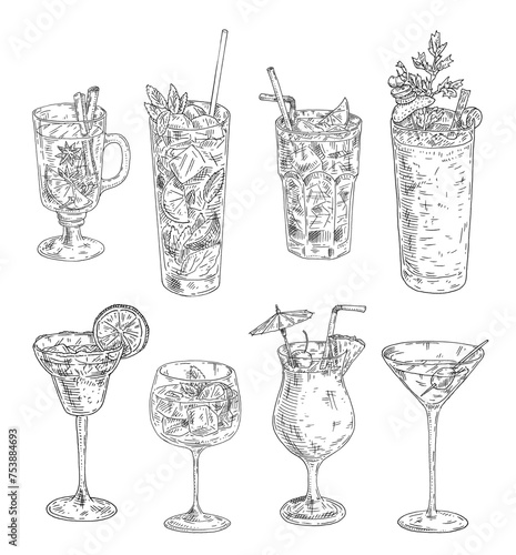 Set various types of cocktails. Vintage engraving illustration