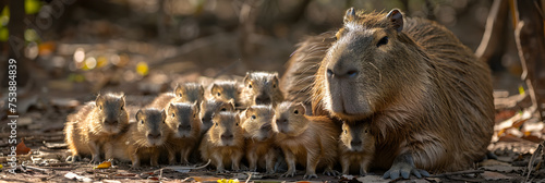 A Swarm of Baby Capybaras, Closeup of capybaras in a field covered in greenery under the sunlight at daytime 