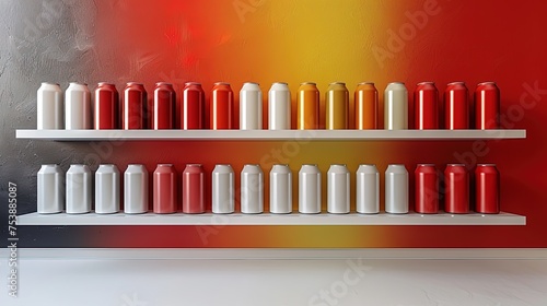 Row of Red and White Spray Paint Cans on Shelf
