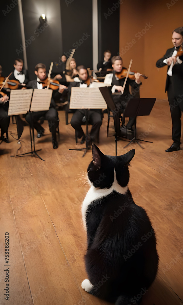Fototapeta premium A cat sitting on the floor with musical instruments behind it
