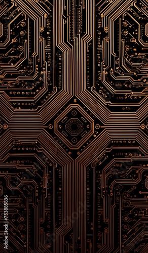 Close up of a brown high tech circuit board background illustration. AI generated.
