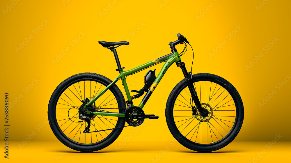 A green color bicycle with black wheels over yellow background