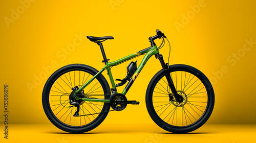 A green color bicycle with black wheels over yellow background