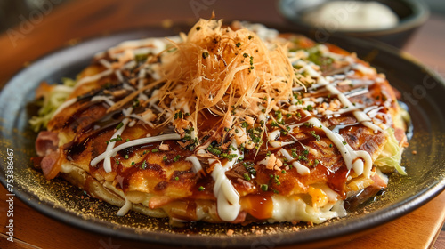 Okonomiyaki, a savory Japanese pancake filled with a variety of ingredients like cabbage, seafood, and bacon, topped with mayonnaise, okonomiyaki sauce