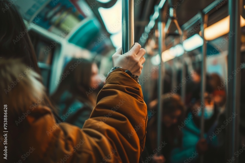 A photo of people holding onto the handrail in crowded public transportation The focus is on their hands and arms wrapped around the metal bar for balance during travel Generative AI A photo of people holding onto the handrail in crowded public transportation The focus is on their hands and arms wrapped around the metal bar for balance during travel Generative AI