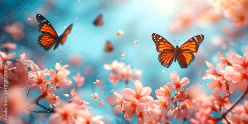 A Vibrant Spring Scene with Cherry Blossoms, Blue Sky, and Fluttering Butterflies. Concept Springtime Photoshoot, Cherry Blossoms, Blue Sky, Fluttering Butterflies, Vibrant Scene © Ян Заболотний