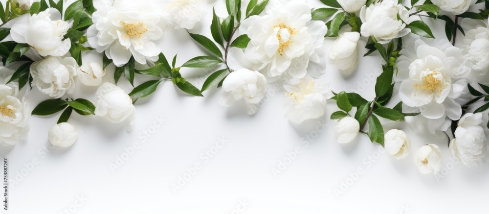 A collection of white peony and jasmine flowers spread out on a clean white background, creating a fresh and elegant ambiance. The top-down view showcases the delicate petals and vibrant green leaves