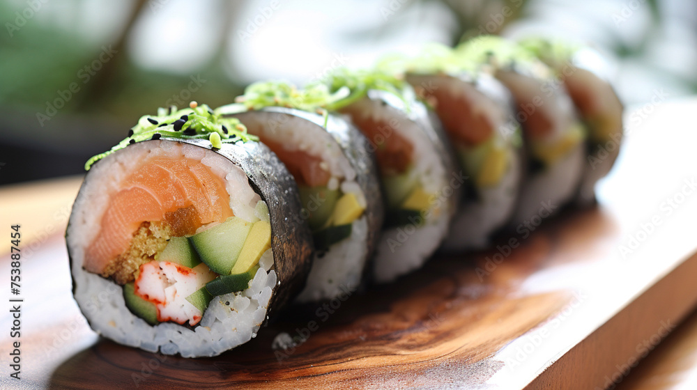 Sushi rolls, tightly wrapped with seaweed on the outside, revealing vibrant fillings of avocado, cucumber, and fresh fish, arranged in a row on a polished wooden serving board. Sushi rolls, tightly wrapped with seaweed on the outside, revealing vibrant fillings of avocado, cucumber, and fresh fish, arranged in a row on a polished wooden serving board.