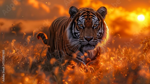 Intense Tiger With Striking Stripes Crouching In The Tall Grass, Eyes Fixed Forward