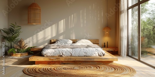 Mock up bright bedroom with a comfortable large bed and a bright stylish background, 3d rendering