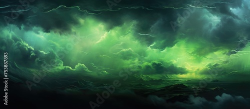 A painting depicting a fierce green storm brewing in the tumultuous ocean, with roaring waves and dark clouds churning ominously in the sky. © 2rogan