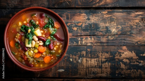 Hearty Minestrone Soup on Rustic Wooden Surface