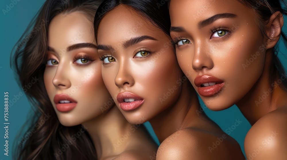 Studio Headshot of Beautiful Multiethnic Girls Showcasing Natural Beauty and Glowing Smooth Skin Studio Headshot of Beautiful Multiethnic Girls Showcasing Natural Beauty and Glowing Smooth Skin