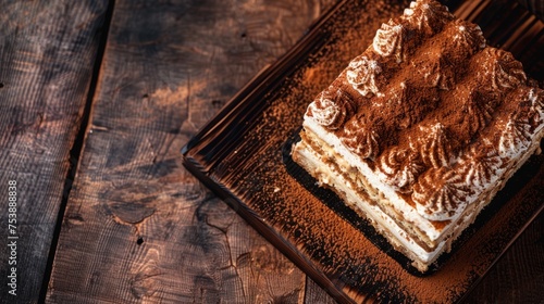 Decadent Tiramisu Dessert on a Rustic Wooden Surface © Ilia Nesolenyi