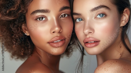 Studio Headshot of Beautiful Multiethnic Girls Showcasing Natural Beauty and Glowing Smooth Skin