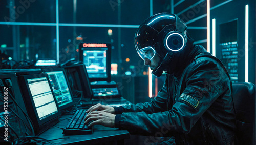 people in safety outfit with tech suit and helmet in a server room working on computer - cybersecurity vulnerability and hacker malware concept photo