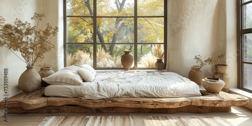 Wallpaper Mural Mock up bright bedroom with a comfortable large bed and a bright stylish background, 3d rendering Torontodigital.ca