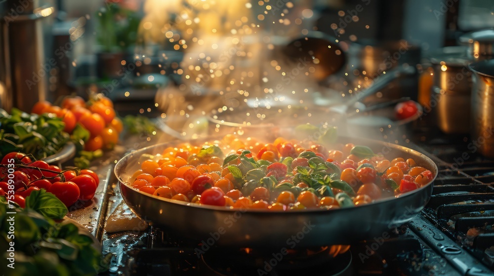 Appetizing cherry tomatoes with basil being fried in a pan. A perfect start to the day with a tasty and healthy breakfast! Appetizing cherry tomatoes with basil being fried in a pan. A perfect start to the day with a tasty and healthy breakfast!