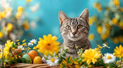 Cat Sitting in Basket With Flowers and Eggs photo