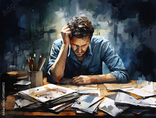 Watercolor illustration of a stressed man at work table, dark background