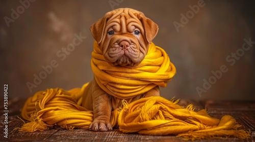  a brown dog with a yellow scarf around it's neck sitting on top of a wooden floor next to a brown wall.