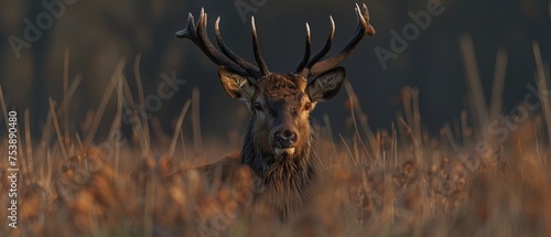  a close up of a deer with antlers on it's head and in a field of tall grass. © Jevjenijs