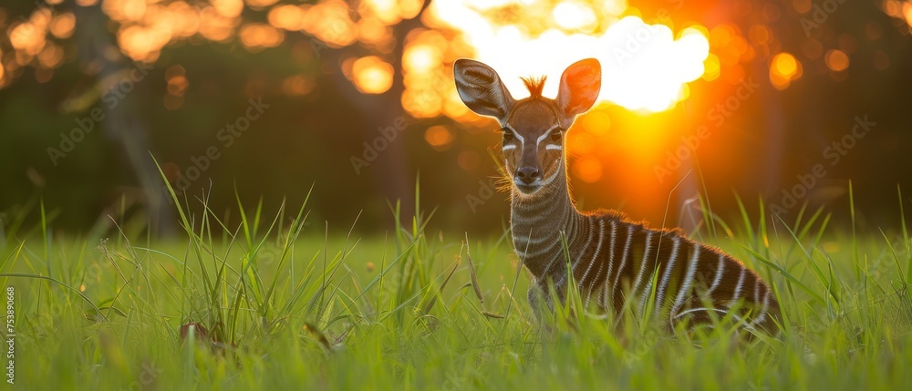  a small giraffe sitting in the middle of a lush green field with the sun setting in the background.