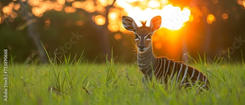  a small giraffe sitting in the middle of a lush green field with the sun setting in the background.