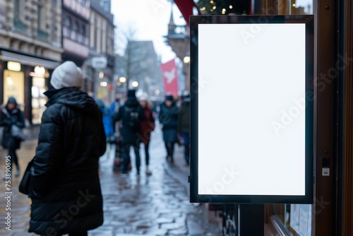 Empty street level billboard on a winter day. Street mockup concept. Template for design, advertising, banner. Urban marketing photo