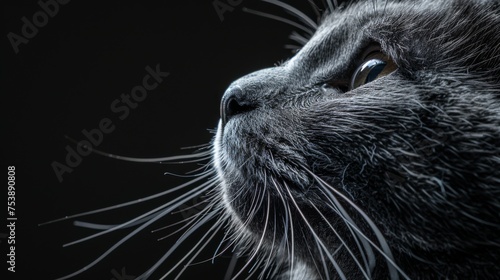  a close up of a cat's face with it's long whiskers on it's face.