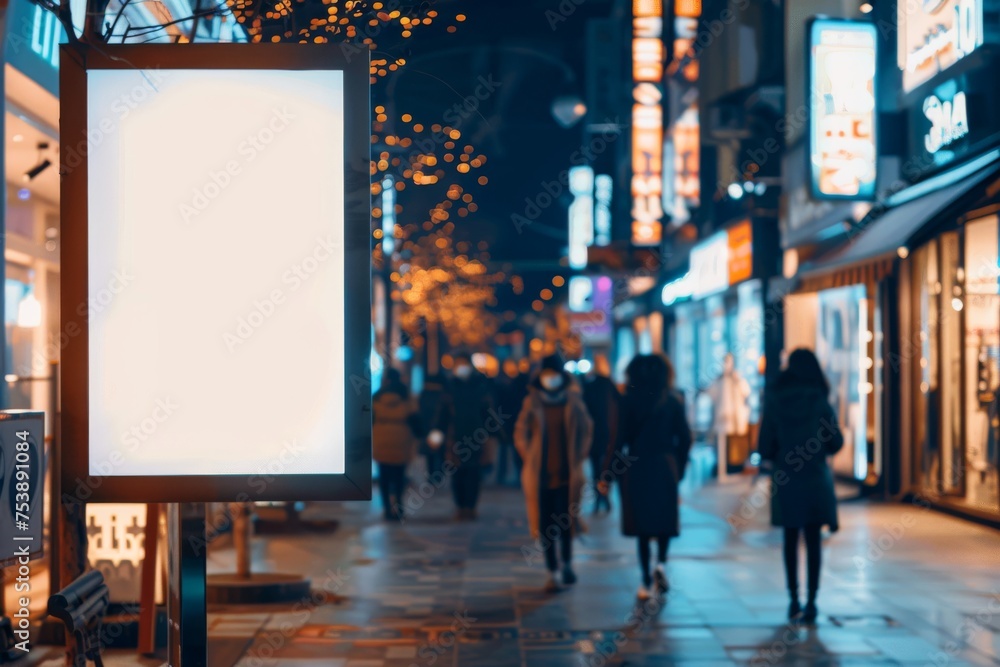 Frame blank sign in a bustling night street. Street mockup concept. Template for design, advertising, banner. Modern frame Frame blank sign in a bustling night street. Street mockup concept. Template for design, advertising, banner. Modern frame