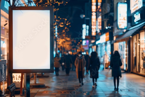 Frame blank sign in a bustling night street. Street mockup concept. Template for design, advertising, banner. Modern frame